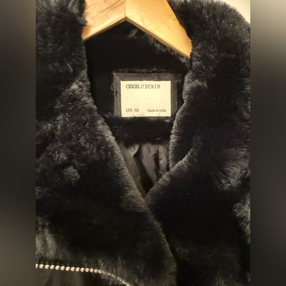 ASOS Black Denim Moto Jacket with Faux Fur Collar - Picture 3 of 11